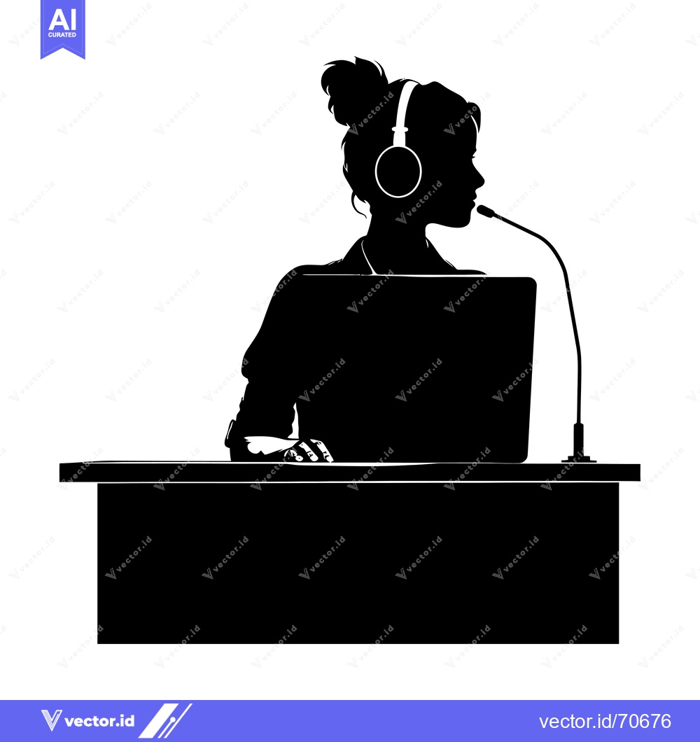 Premium Vector dari Silhouette of a Woman with Headphones and a Microphone at a Desk