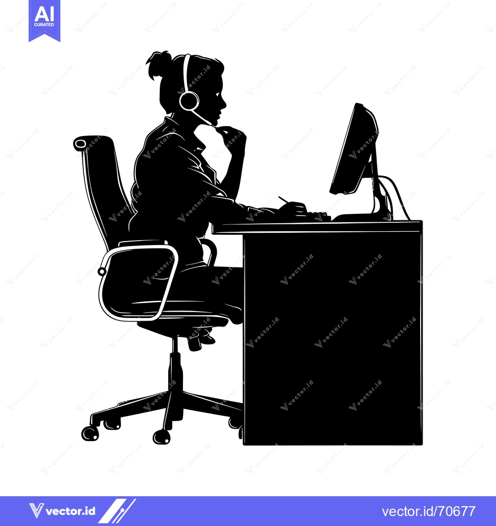 Premium Vector dari Silhouette of a Woman Working at a Desk with a Headset