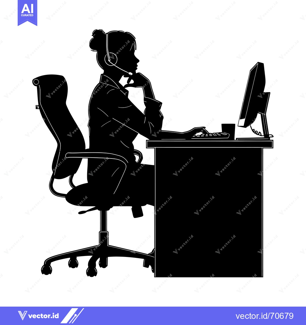 Premium Vector dari Silhouette of a Woman Wearing a Headset Working at a Computer Desk