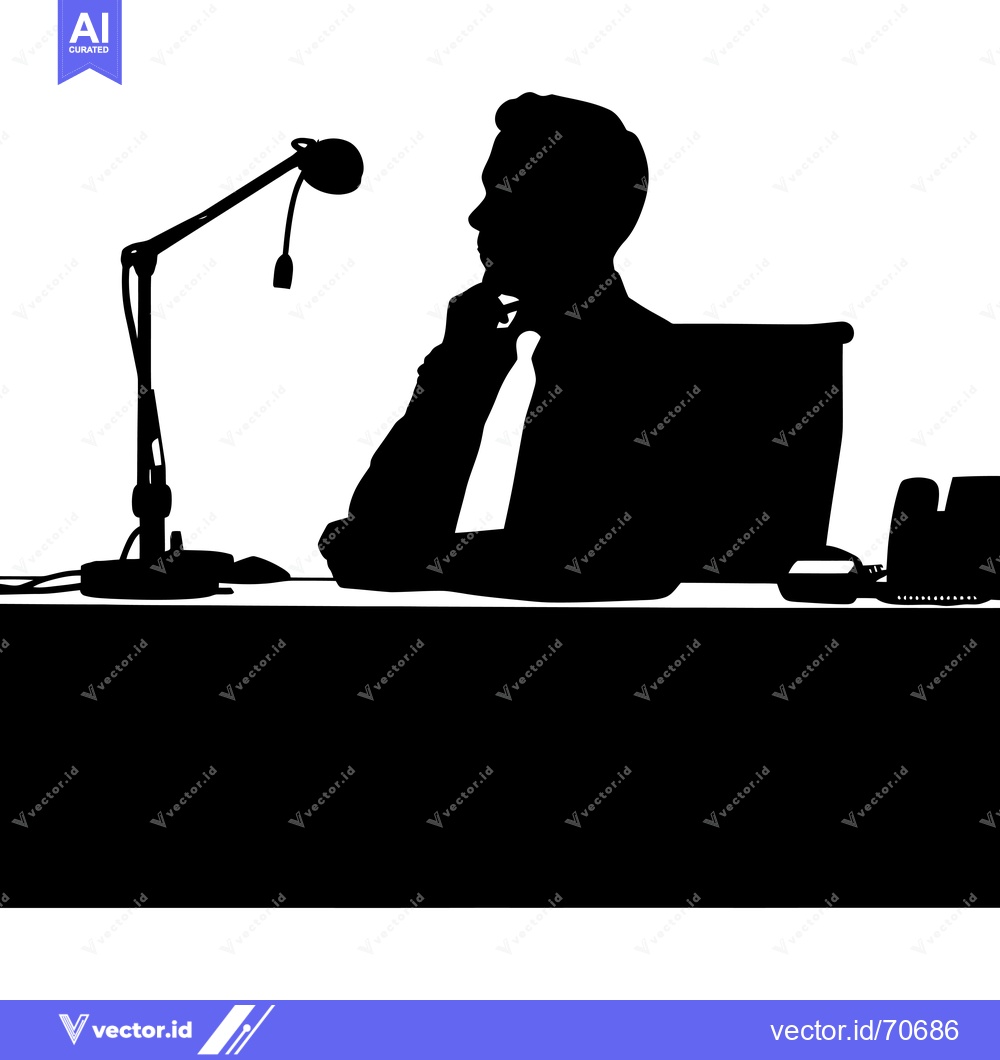 Premium Vector dari Silhouette of a Man Sitting at a Desk with a Microphone