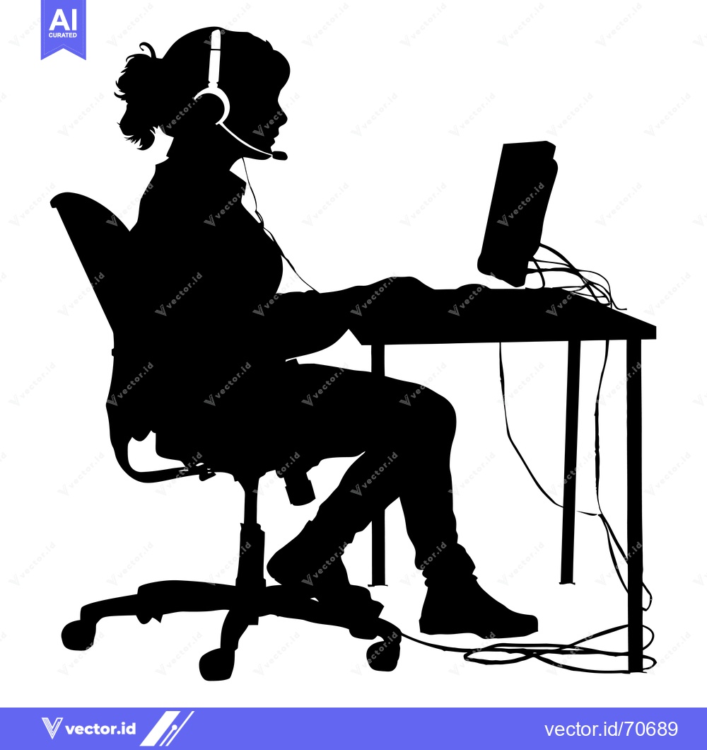 Premium Vector of Silhouette of a Person Wearing Headphones Sitting at a Desk with a Com