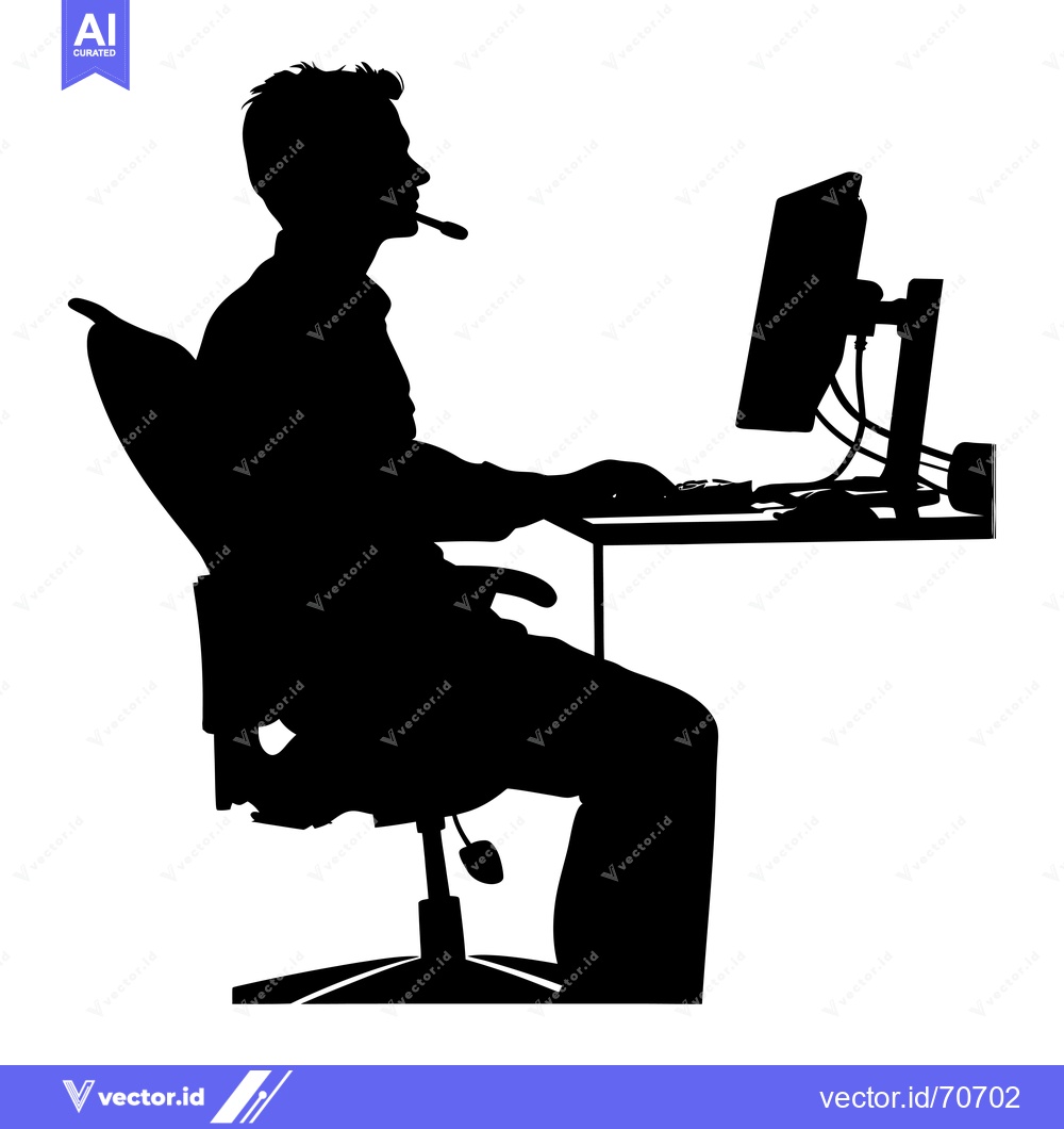 Premium Vector of Silhouette of a Person Working at a Computer Desk with a Headset