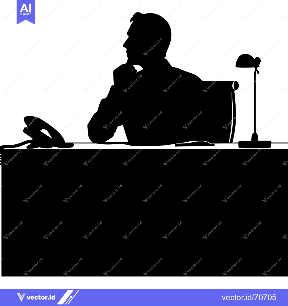 Premium Vector dari Silhouette of a man sitting at a desk with a phone and lamp