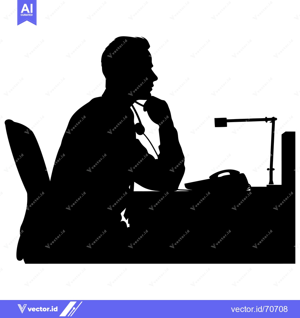 Premium Vector dari Silhouette of a man sitting at a desk, holding a phone, thinking