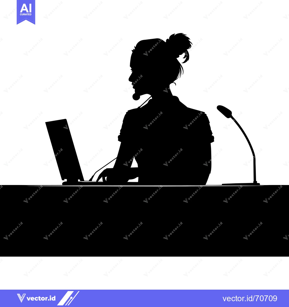 Premium Vector dari Silhouette of a woman with a headset, laptop, and microphone on a tabl