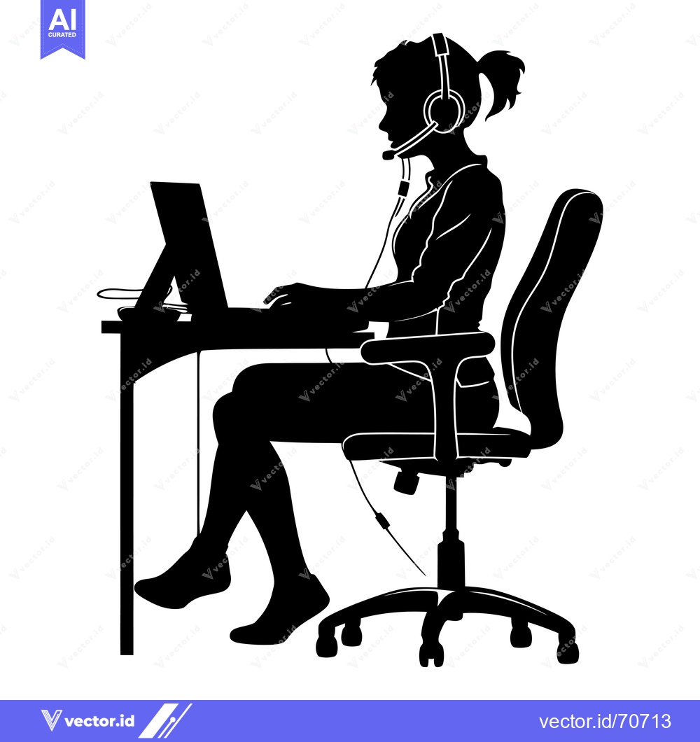 Premium Vector of Silhouette of a woman wearing a headset sitting at a desk with a lapto