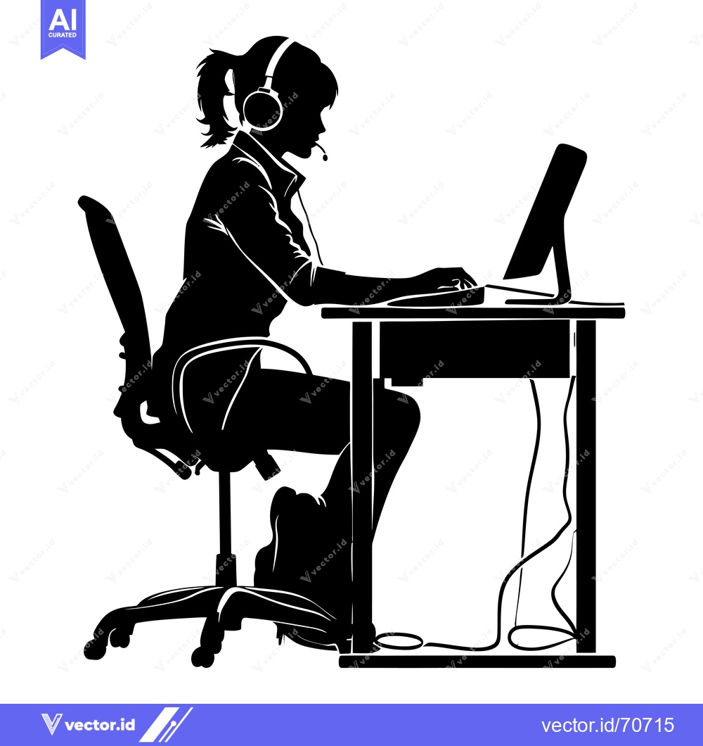 Premium Vector dari Silhouette of a Woman Wearing Headphones Working at a Desk