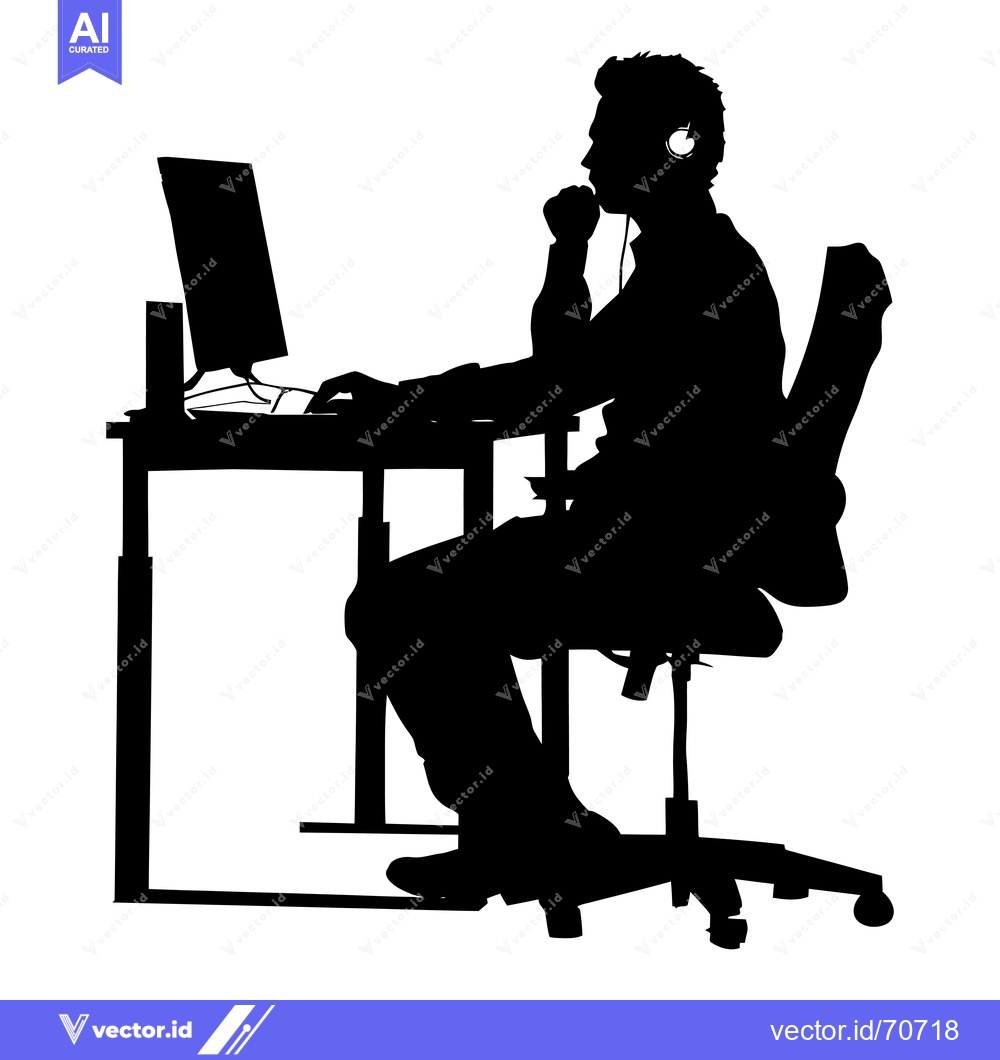 Premium Vector dari Silhouette of a Man Sitting at a Desk with Headphones on and Using a C