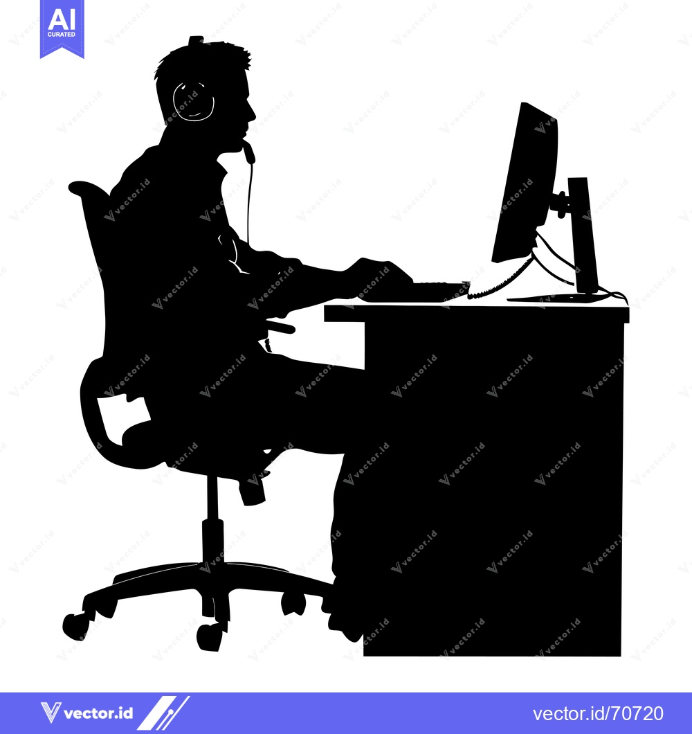 Premium Vector dari Silhouette of a Man Wearing a Headset, Working at a Desk with a Comput
