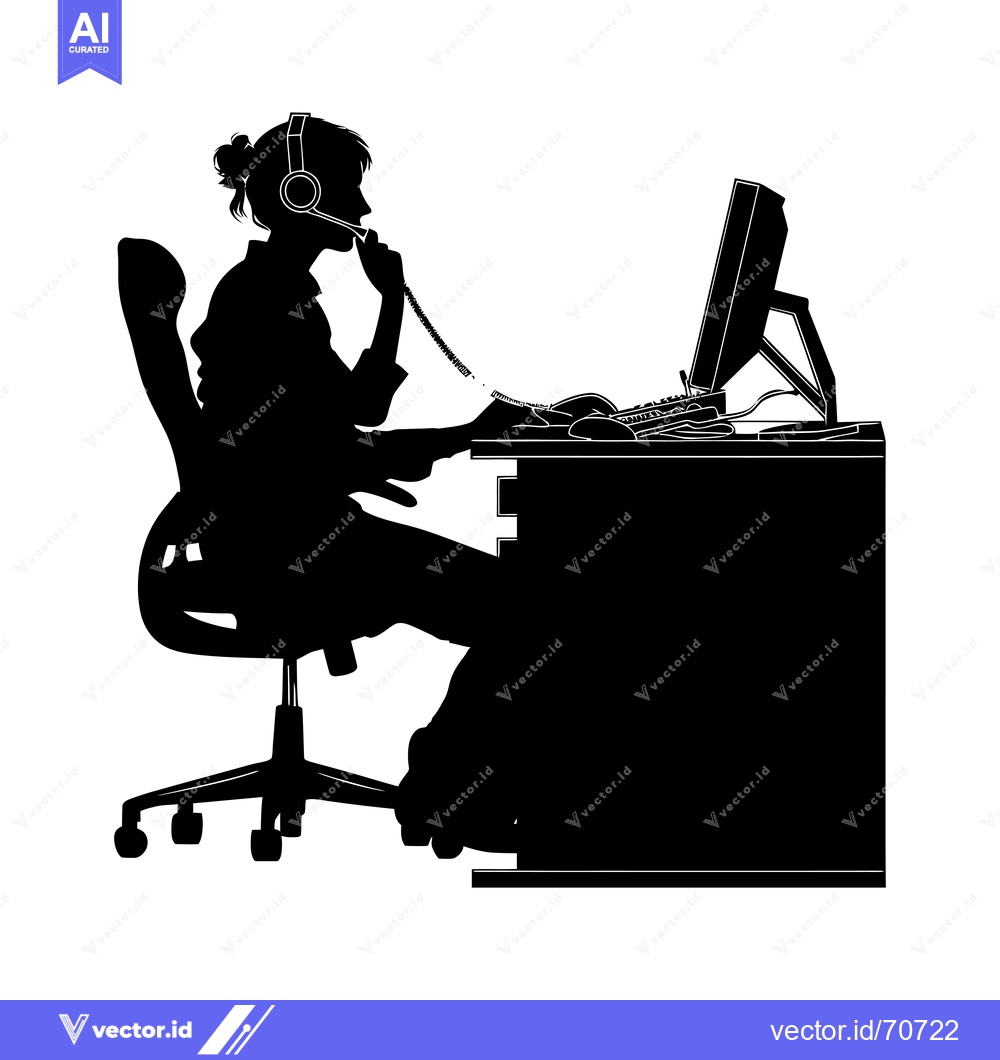 Premium Vector dari Silhouette of a Woman Working at a Desk with a Headset and Computer