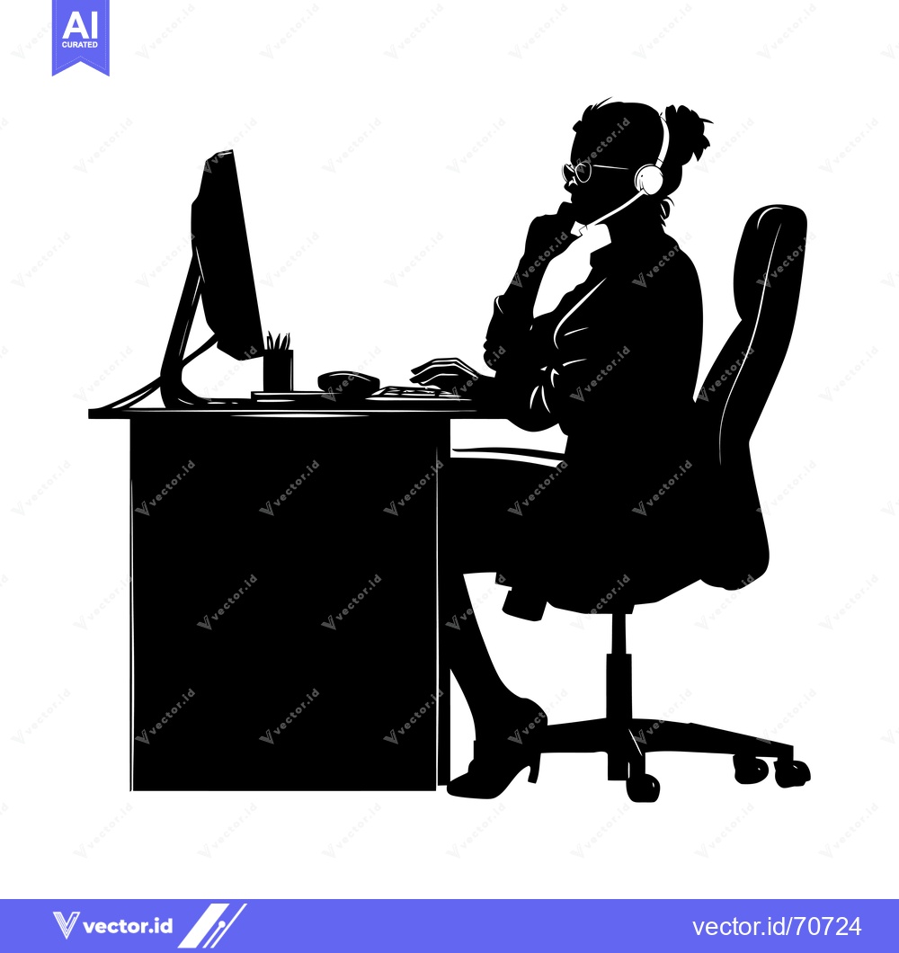 Premium Vector dari Silhouette of a woman working at a computer desk wearing a headset