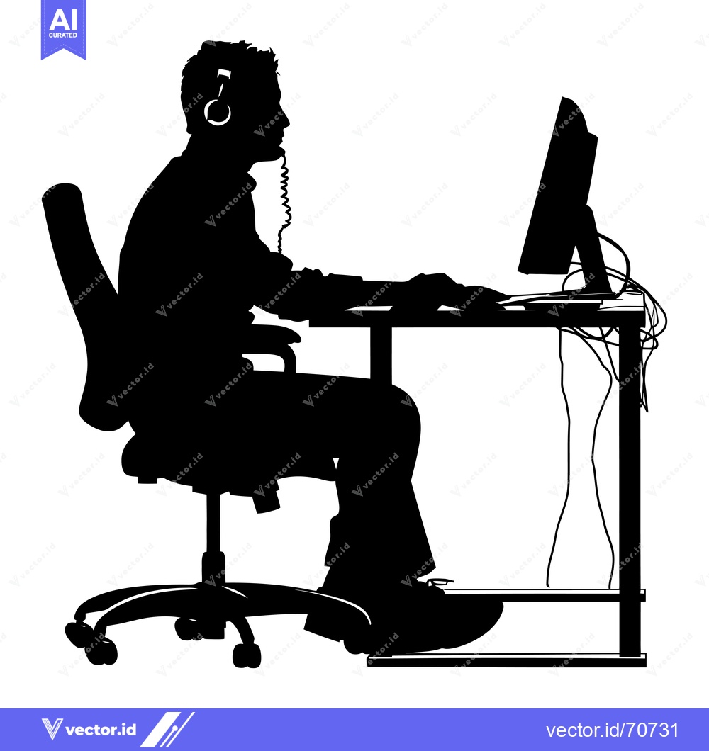 Premium Vector of Silhouette of a Person Sitting at a Desk with a Computer and Headphone