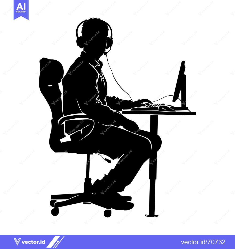 Premium Vector dari Silhouette of a Person Wearing Headphones Sitting at a Desk with a Com