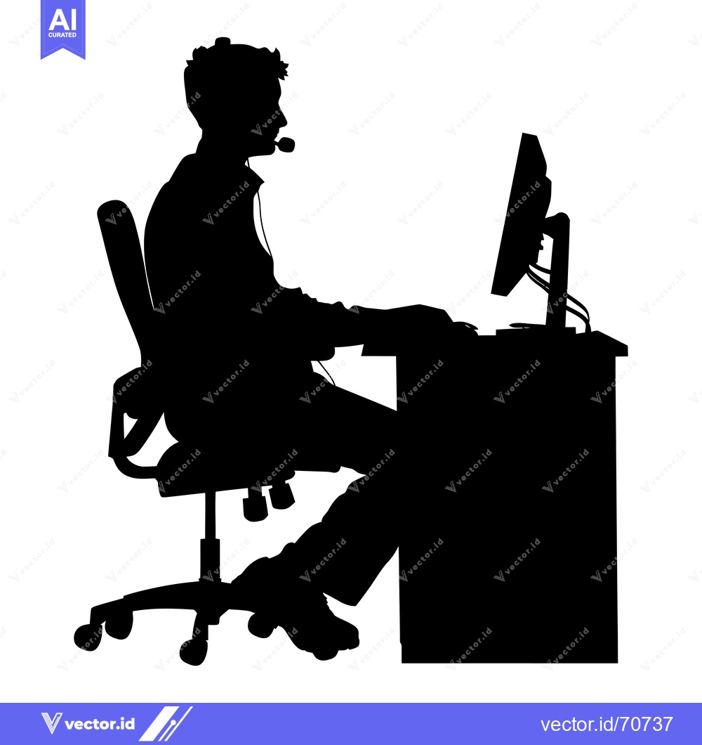 Premium Vector of Silhouette of a Person Sitting at a Desk with a Computer and Headset