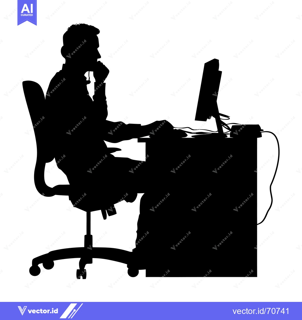 Premium Vector of Silhouette of a Person Sitting at a Desk Talking on the Phone and Usin