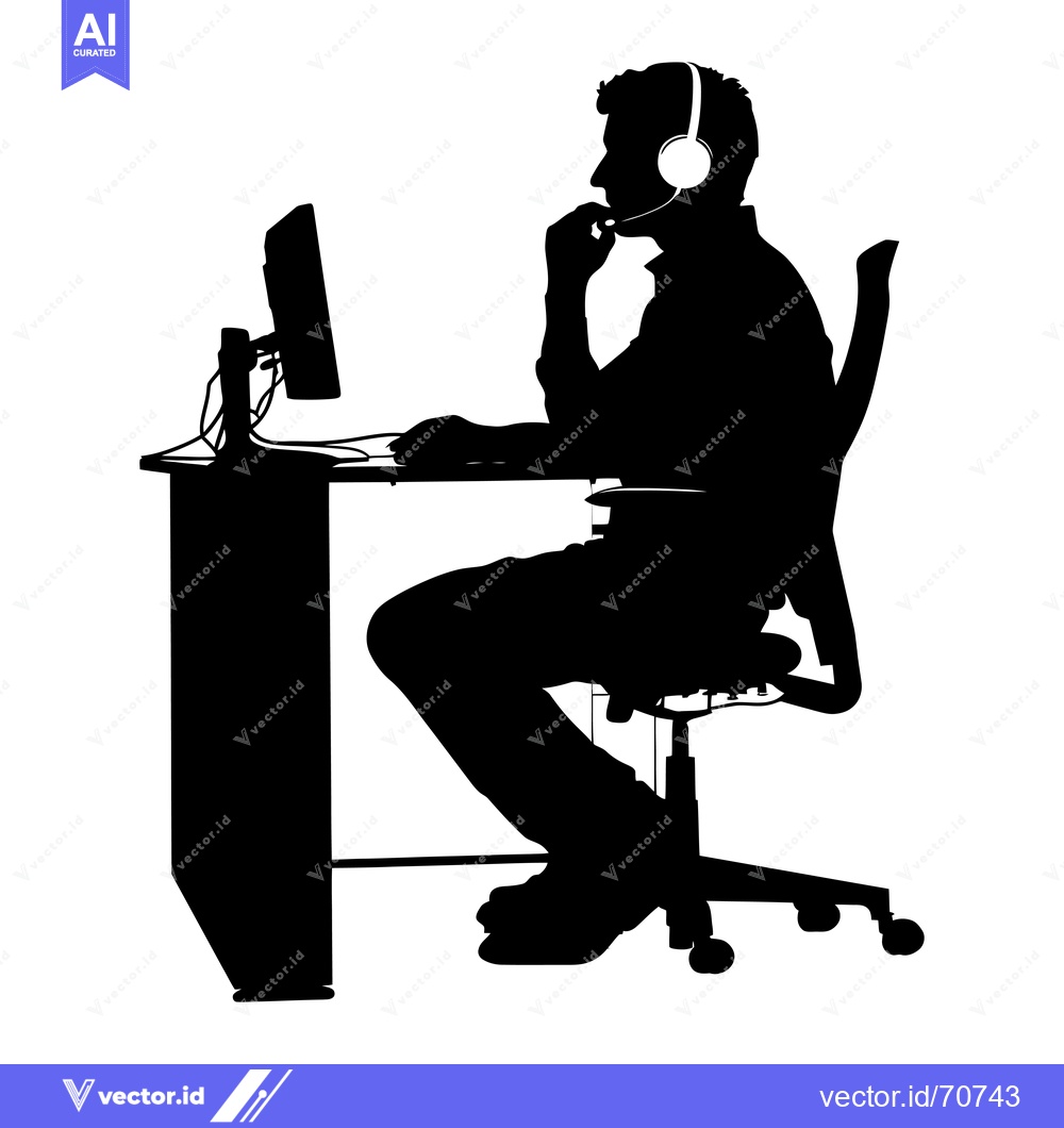 Premium Vector of Silhouette of a Person Wearing Headphones, Sitting at a Desk with a Co