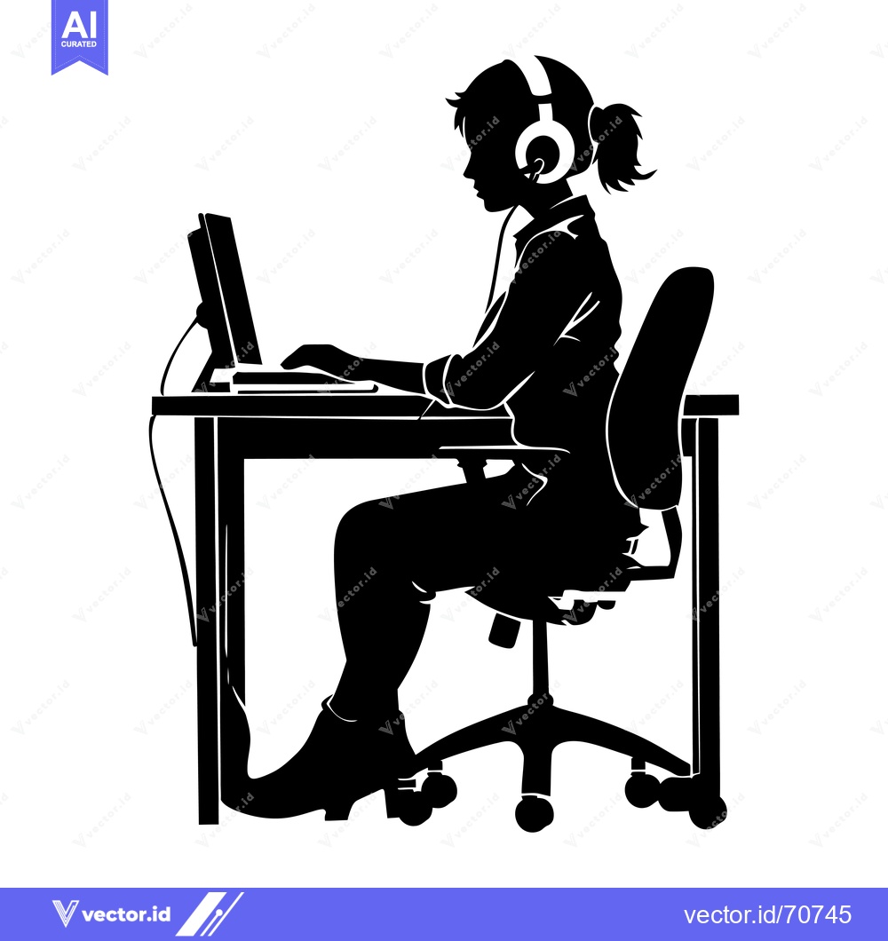 Premium Vector of Silhouette of a woman working at a computer with headphones on