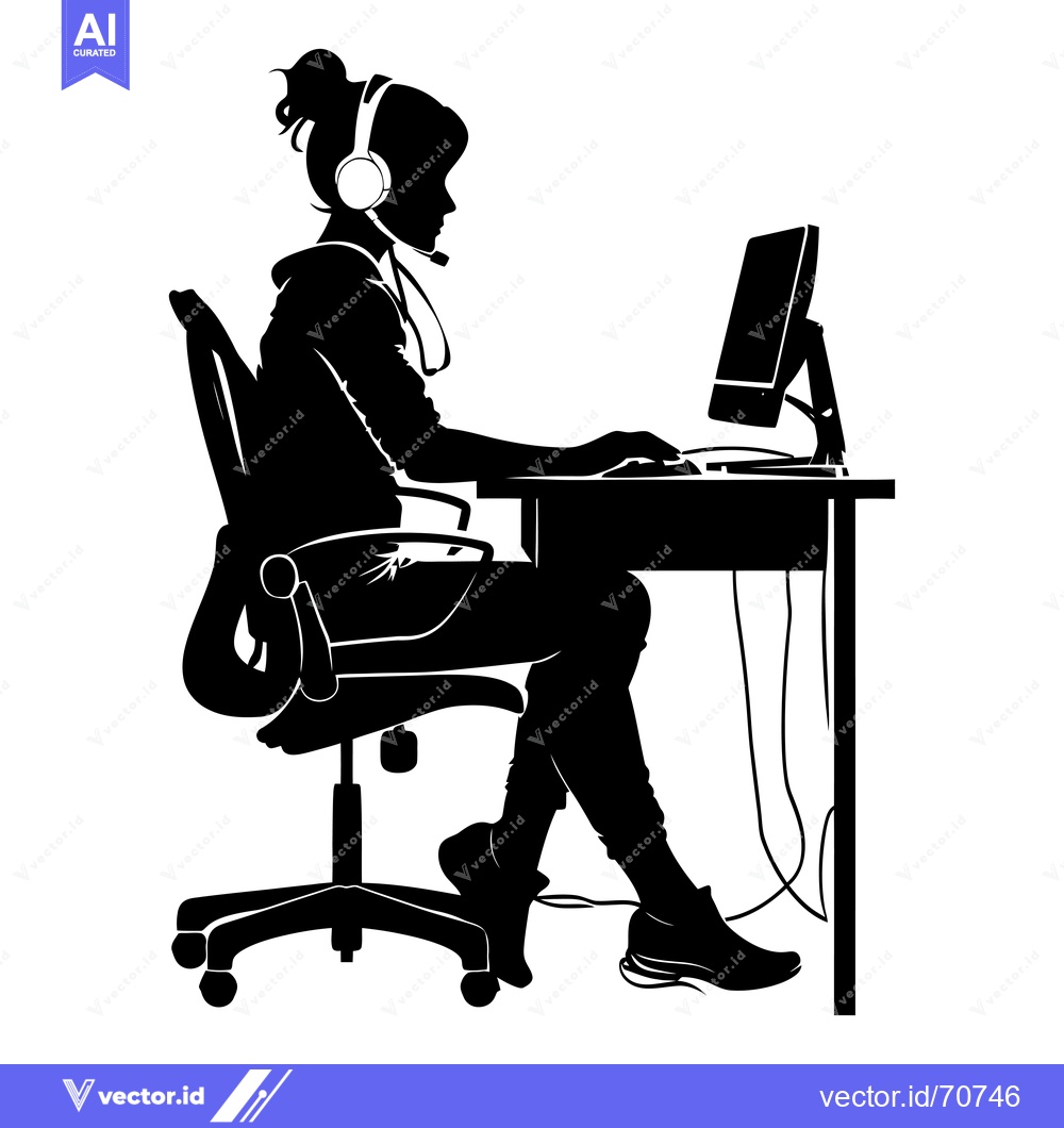 Premium Vector of Silhouette of a Woman Working at a Desk with a Headset and Computer