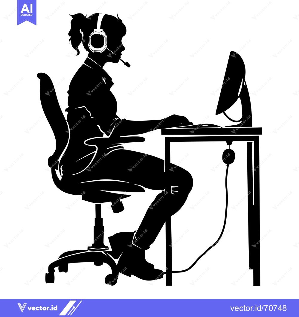 Premium Vector dari Silhouette of a Woman with Headphones Working at a Computer Desk