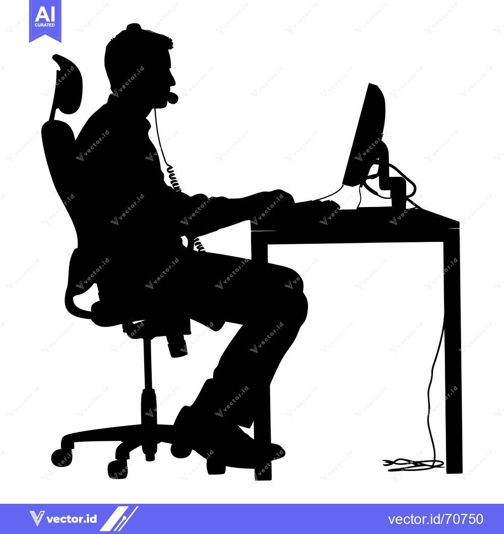 Premium Vector dari Silhouette of a Person Sitting at a Desk with a Computer and Headset