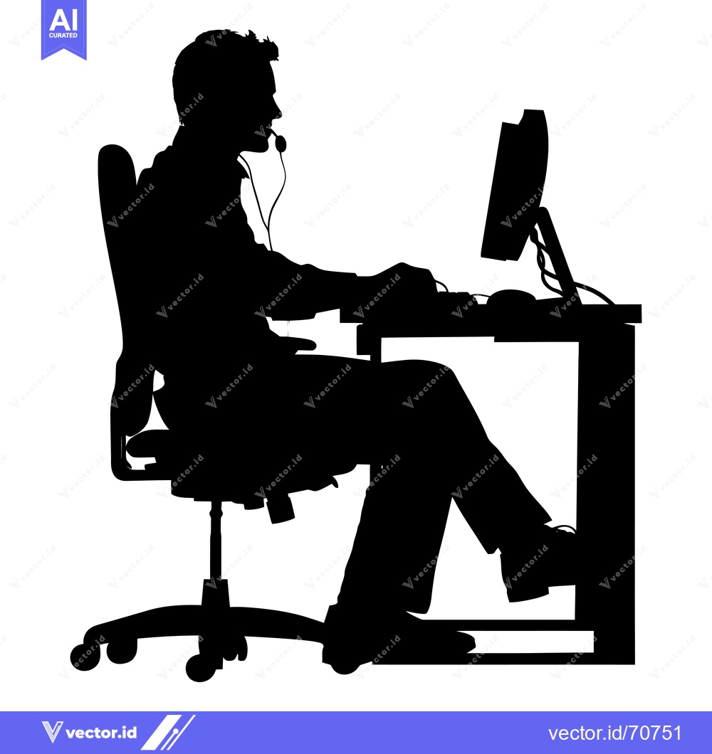 Premium Vector dari Silhouette of a person sitting at a desk with a computer and headset