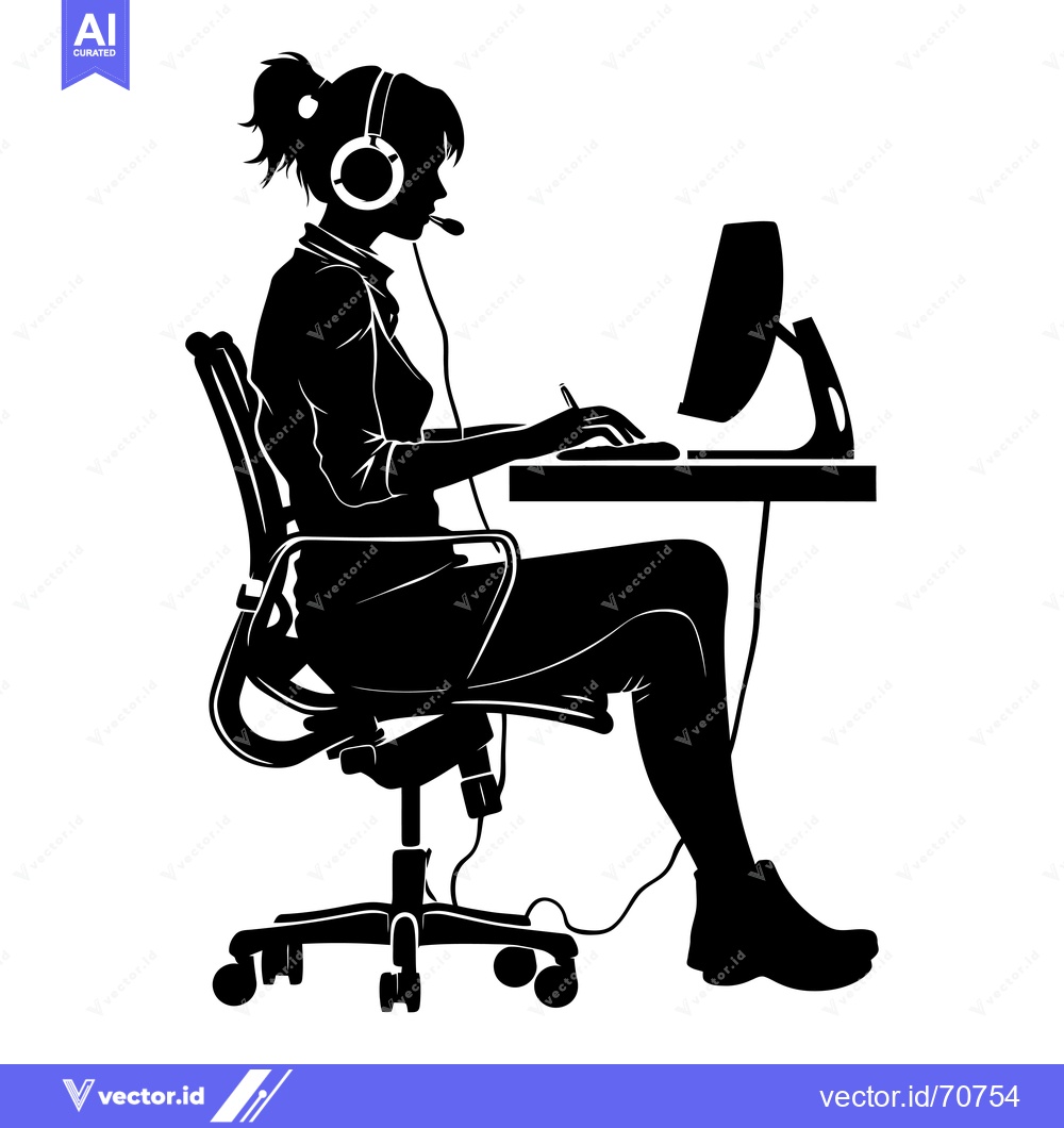Premium Vector of Silhouette of a Woman Working at a Desk with a Headset and Computer