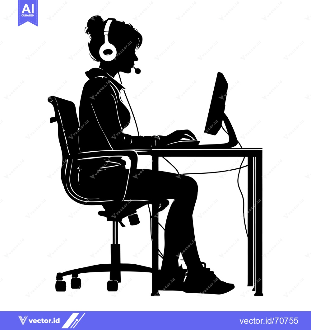 Premium Vector dari Silhouette of a Woman Wearing Headphones Working at a Desk with a Comp