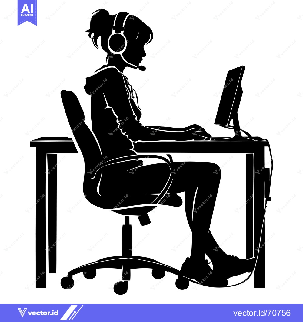 Premium Vector dari Silhouette of a Woman Working at a Desk with a Headset and Computer