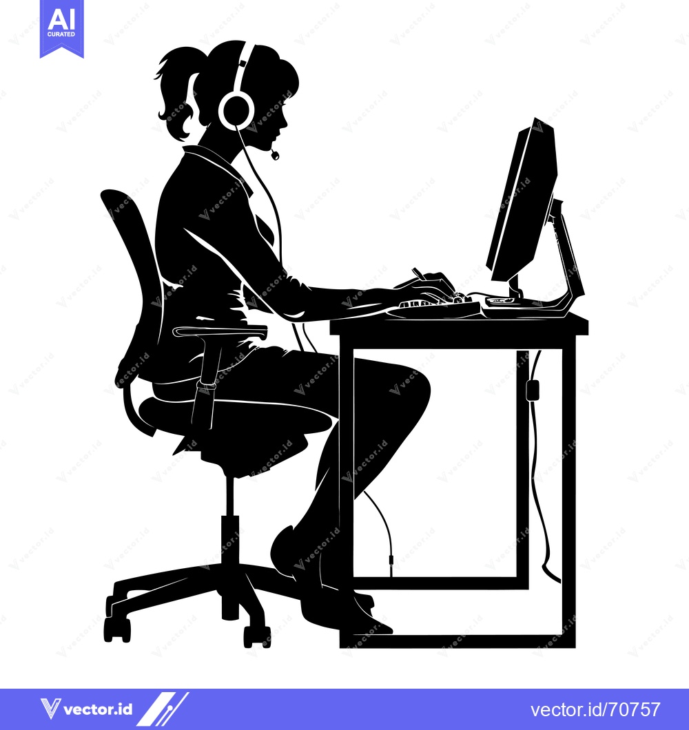 Premium Vector of Silhouette of a Woman in a Headset Sitting at a Desk Using a Computer