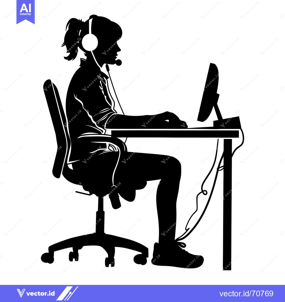 Premium Vector dari Silhouette of a Woman with Headphones Working at a Computer Desk