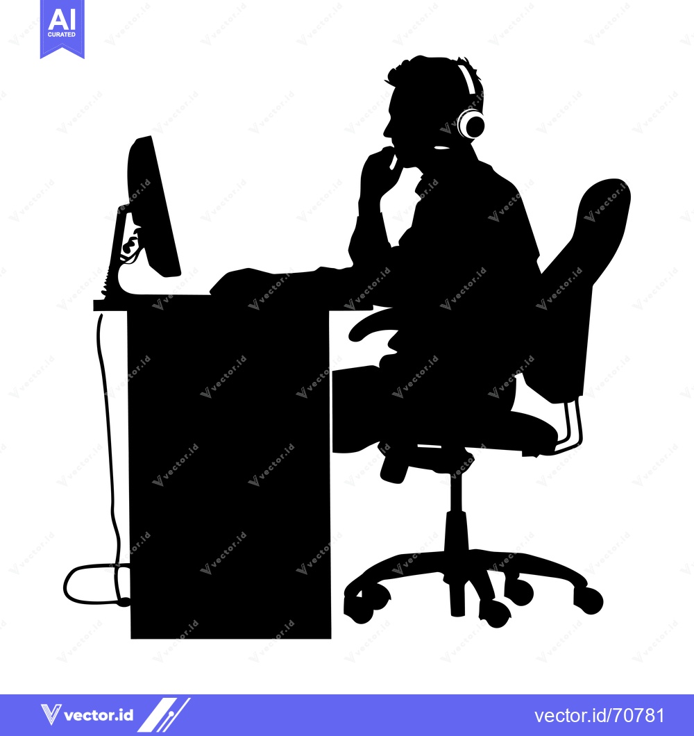 Premium Vector of Silhouette of a Person Wearing Headphones at a Desk with a Computer