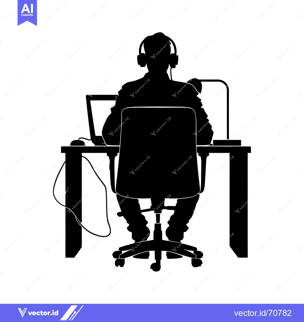 Premium Vector of Silhouette of a Person Sitting at a Desk with a Computer and Headphone