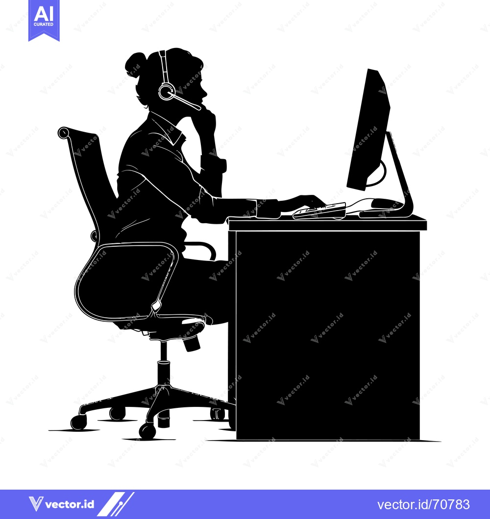 Premium Vector of Silhouette of a woman with a headset working at a desk with a computer