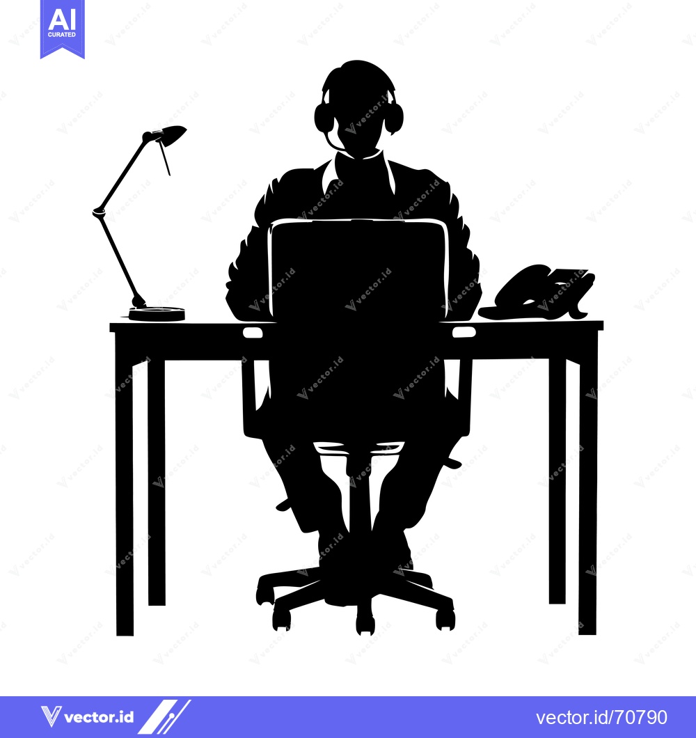 Premium Vector of Silhouette of a Person Working at a Desk with a Laptop, Headset, and D