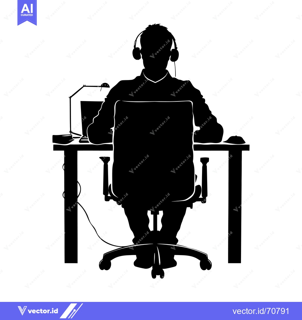 Premium Vector of Silhouette of a Person Sitting at a Desk with a Computer and Headphone