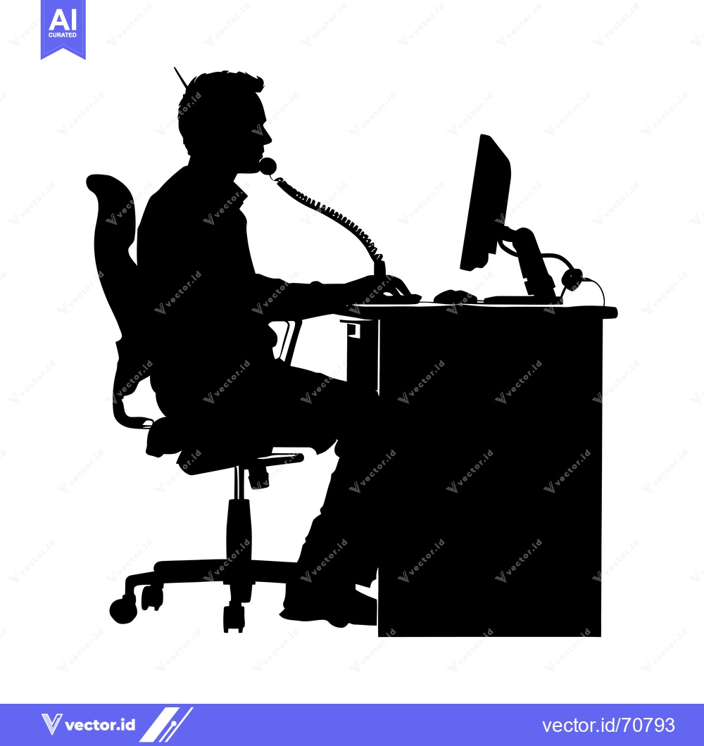 Premium Vector dari Silhouette of a Person Working at a Computer Desk with a Headset