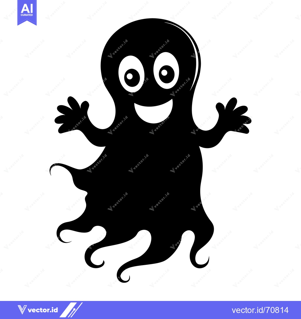 Premium Vector dari Black and White Cartoon Friendly Ghost with Big Eyes and Smile