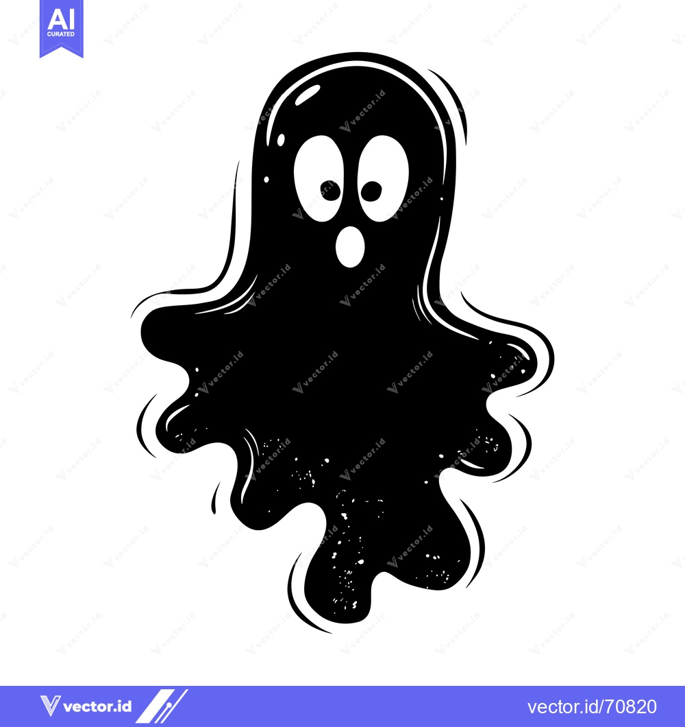 Premium Vector dari Black and White Cartoon Ghost with Large Eyes and Open Mouth