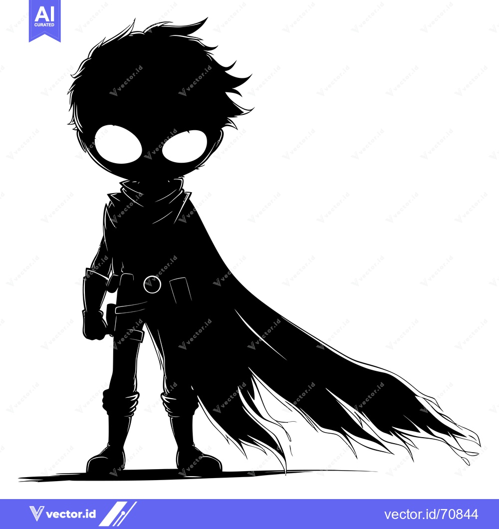 Premium Vector dari Silhouette of a Cartoon Boy in a Cape with a Gun