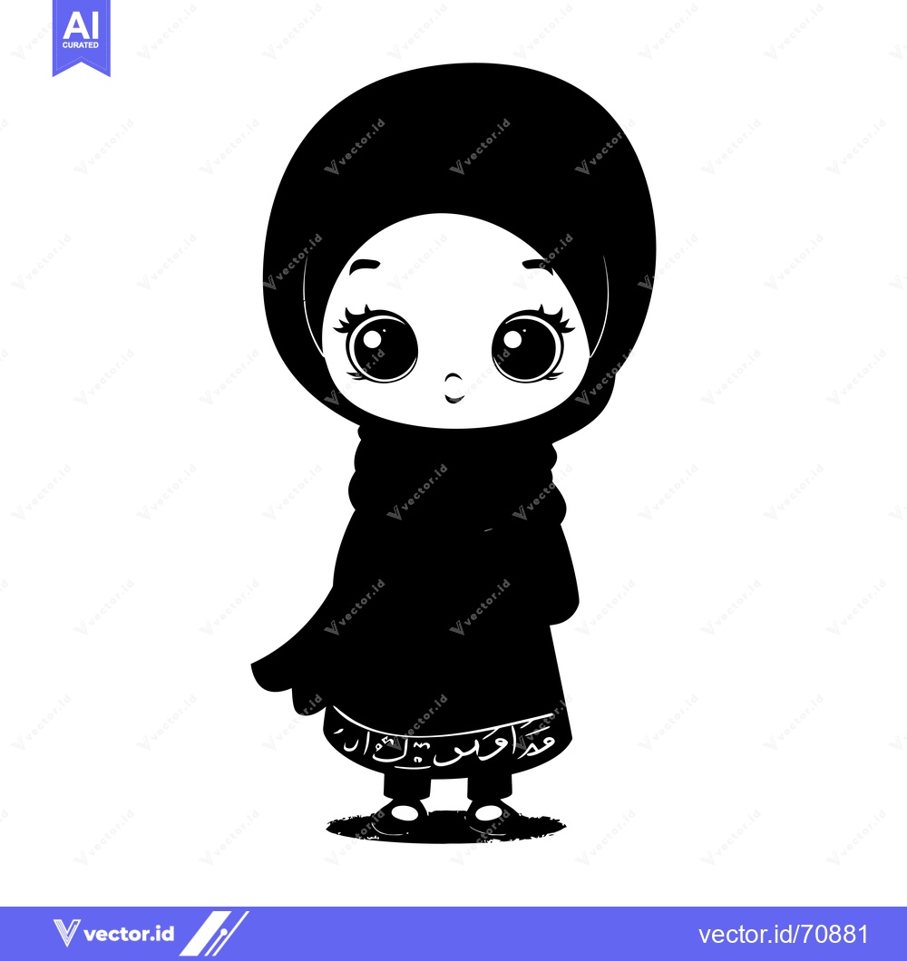 Premium Vector of A Black and White Cartoon Illustration of a Young Girl Wearing a Hijab
