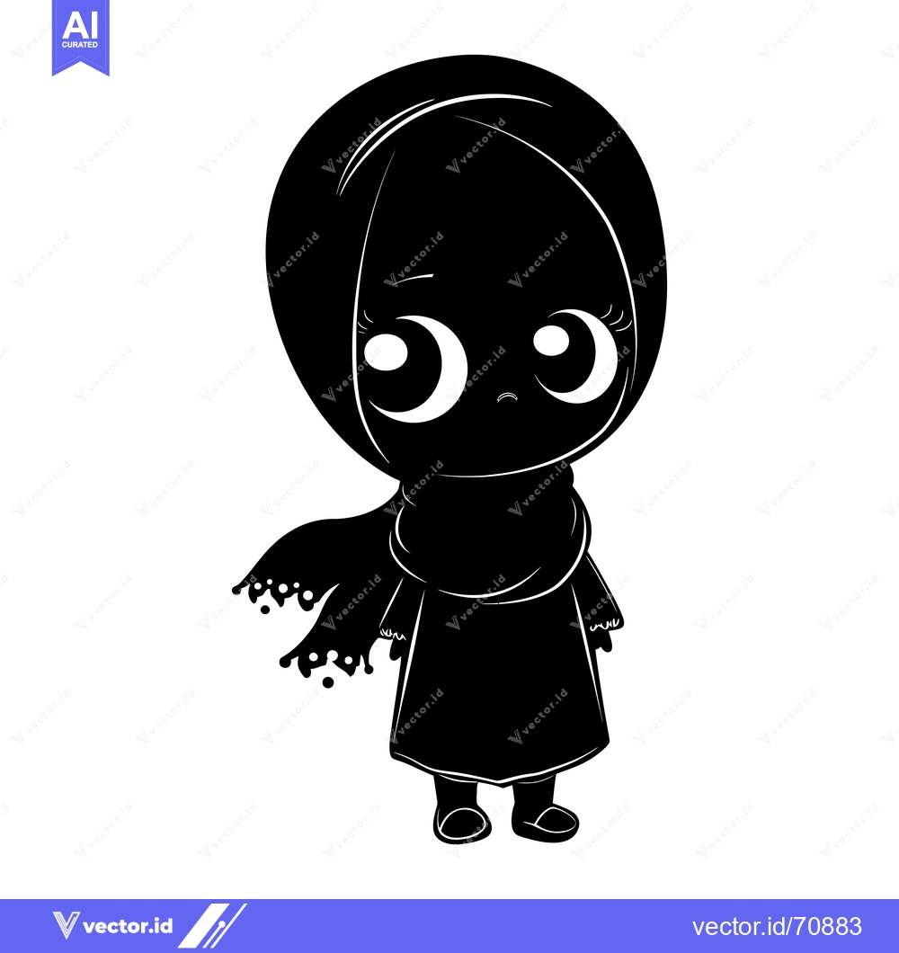 Premium Vector dari Black and White Silhouette of a Sad Cartoon Girl Wearing a Hijab