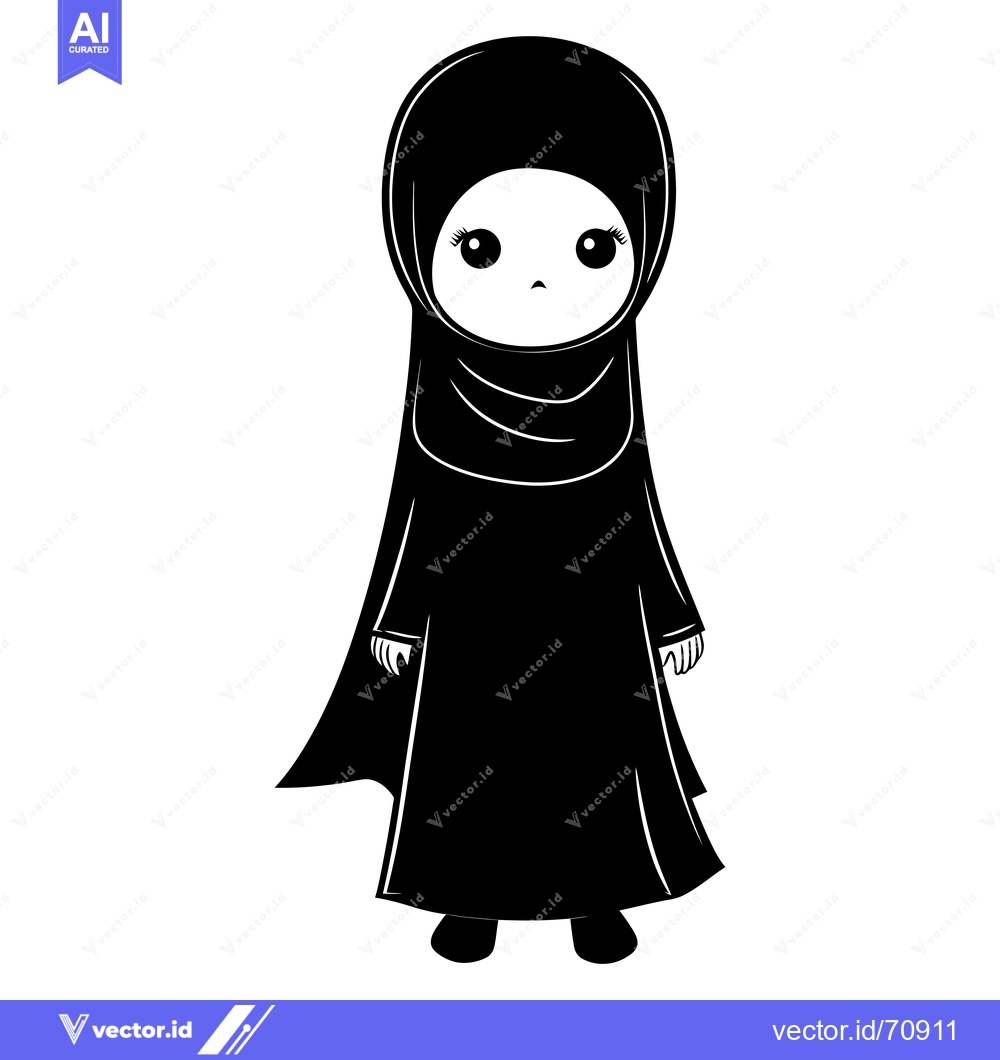 Premium Vector of Black and White Cartoon Illustration of a Young Woman Wearing a Hijab