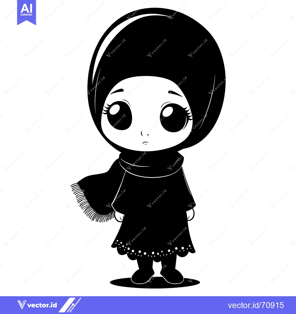 Premium Vector of Black and White Illustration of a Young Girl Wearing a Hijab