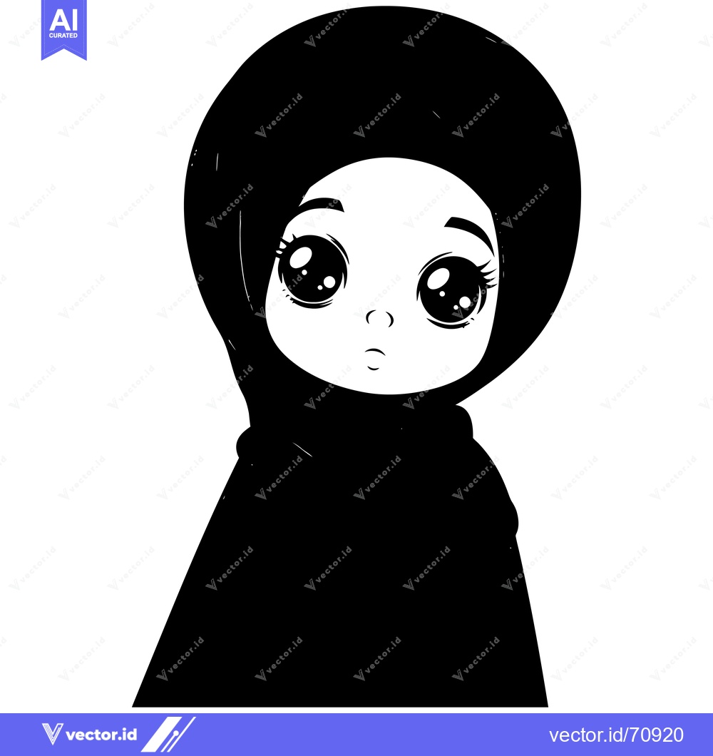 Premium Vector of A Black and White Cartoon Illustration of a Young Girl Wearing a Hijab