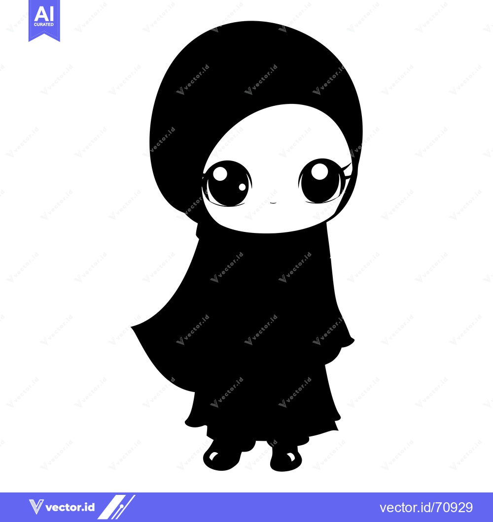 Premium Vector of Black and White Cartoon Illustration of a Young Girl Wearing a Hijab