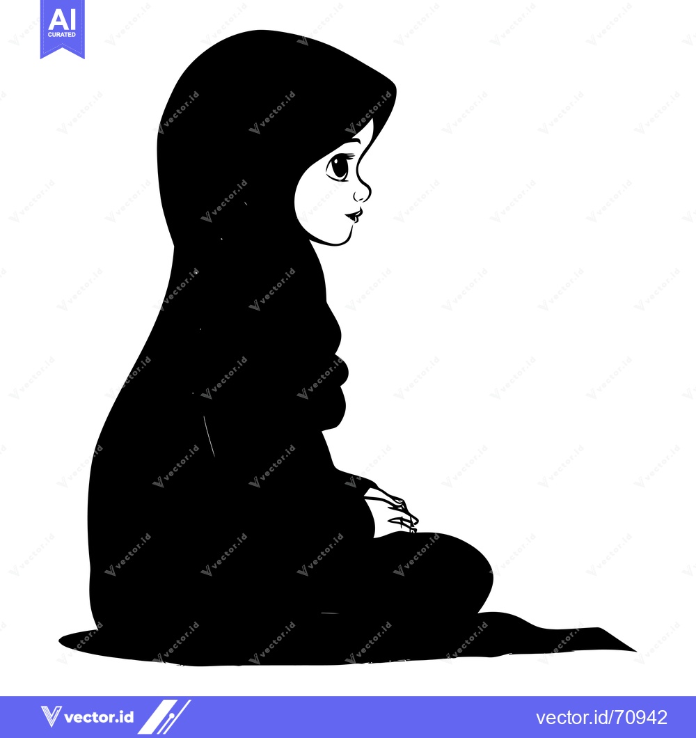Premium Vector of Black and White Illustration of a Young Woman in a Hijab Sitting with