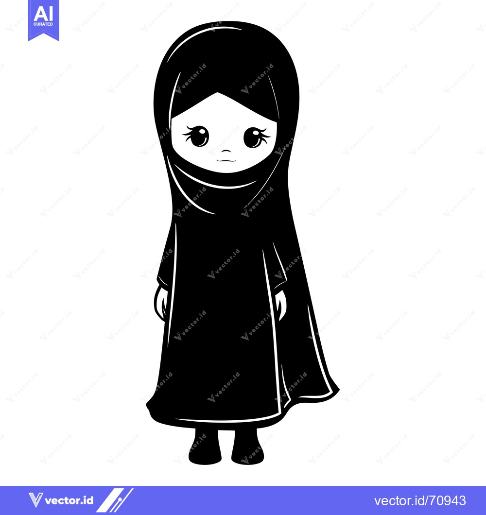 Premium Vector of Black and White Illustration of a Young Girl Wearing a Hijab