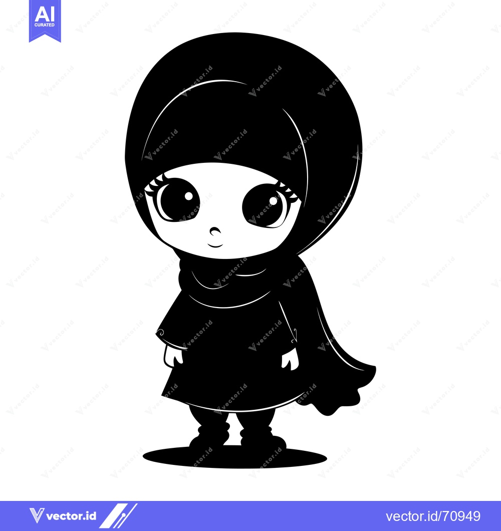 Premium Vector of Black and White Illustration of a Young Girl Wearing a Hijab