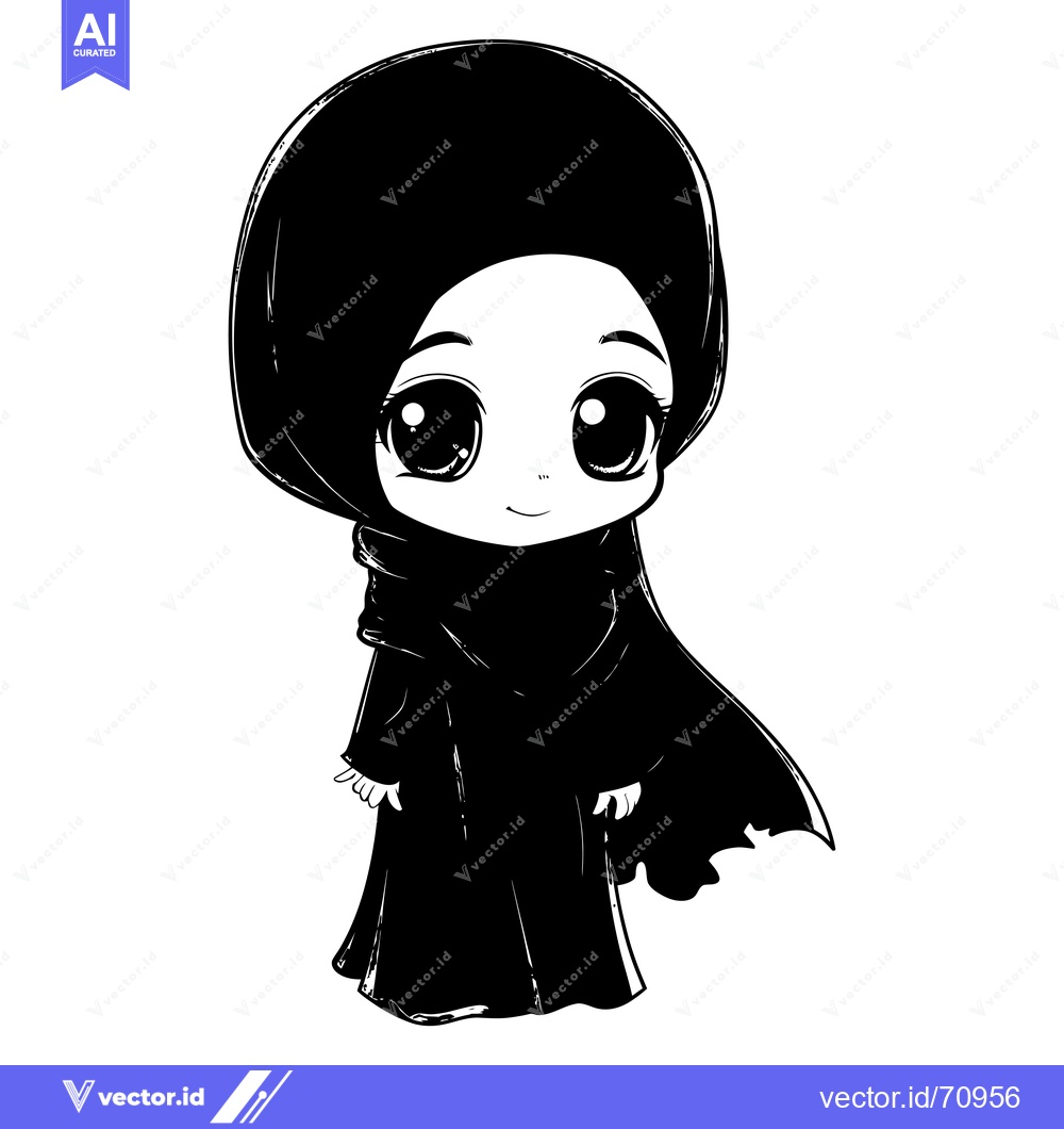 Premium Vector dari Black and White Cartoon Illustration of a Young Woman Wearing a Hijab