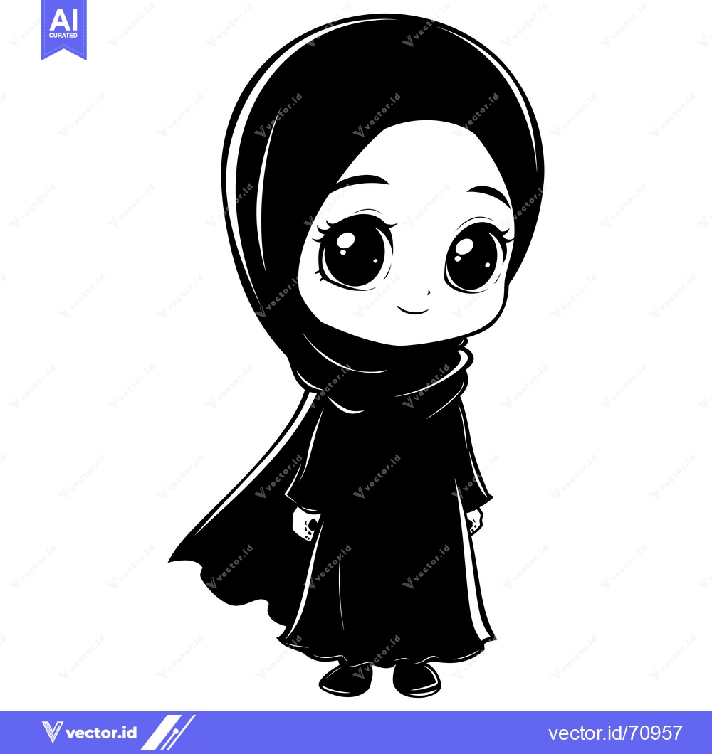 Premium Vector dari A black and white illustration of a young girl wearing a hijab